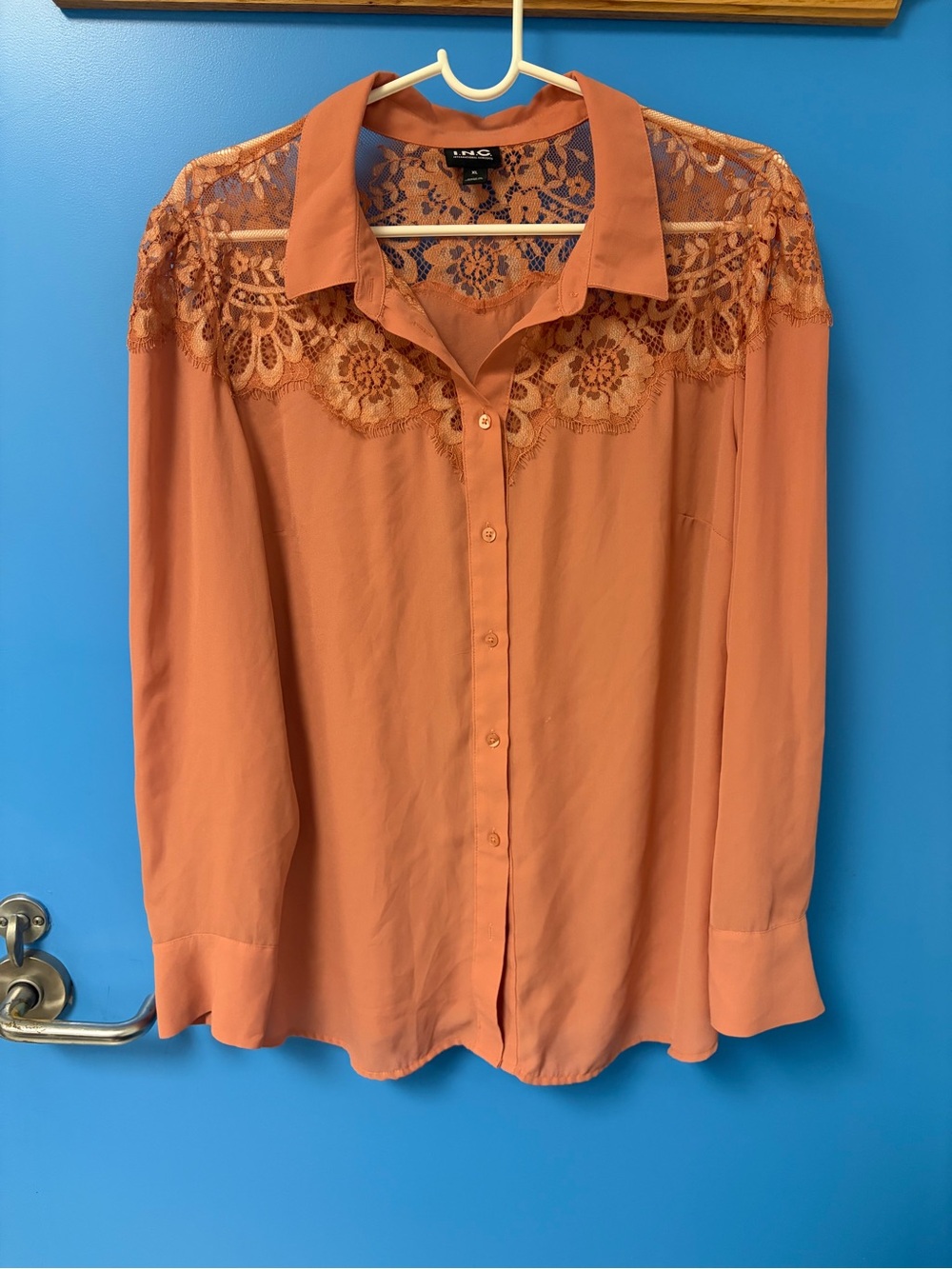 INC Lace Button-Front Blouse - Rust/Peach Color Size XL